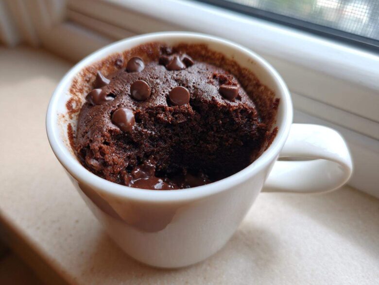 Close-up of a moist chocolate mug cake topped with chocolate chips, ready to eat.