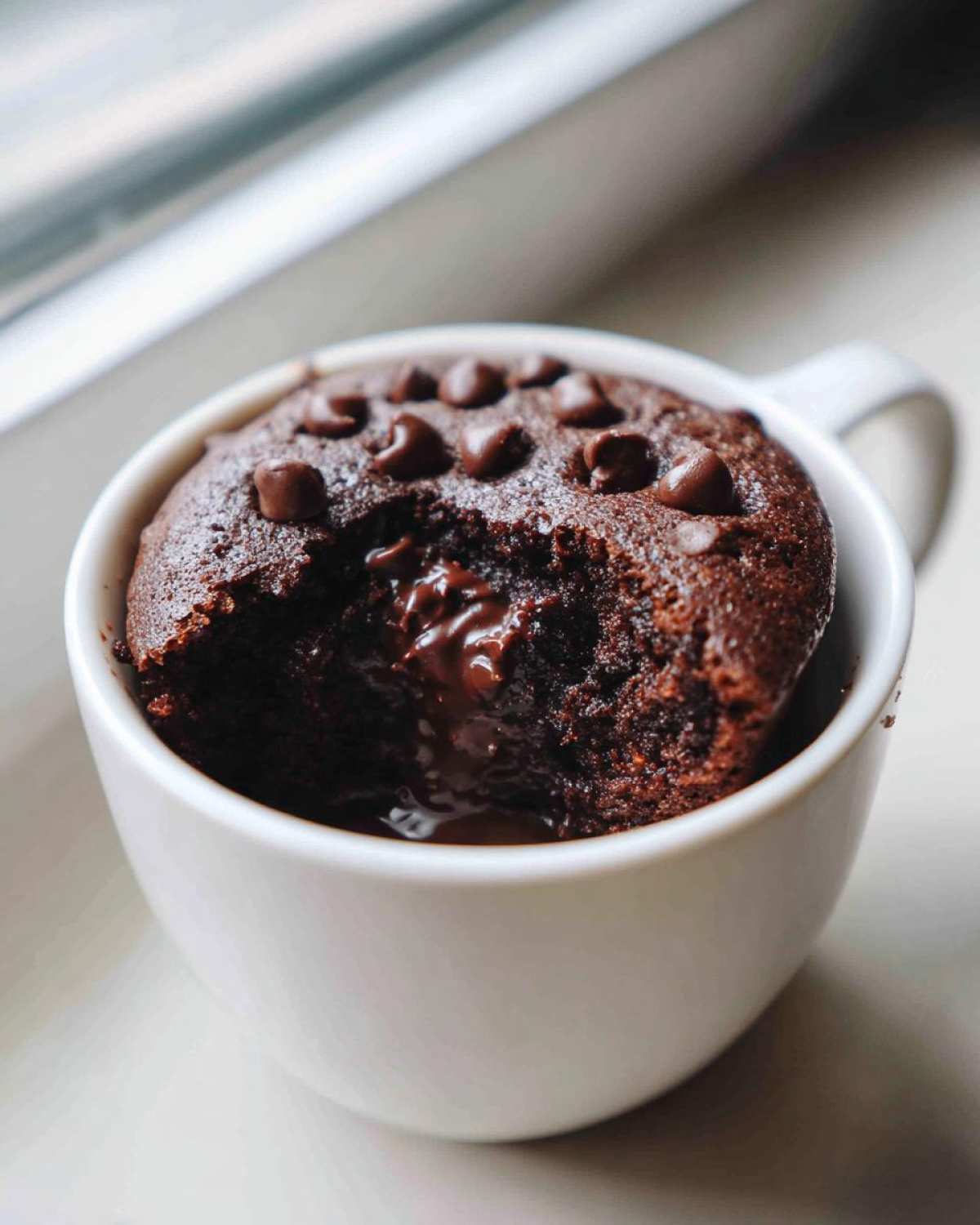 Close-up of a rich chocolate mug cake with melted chocolate oozing out, topped with chocolate chips.
