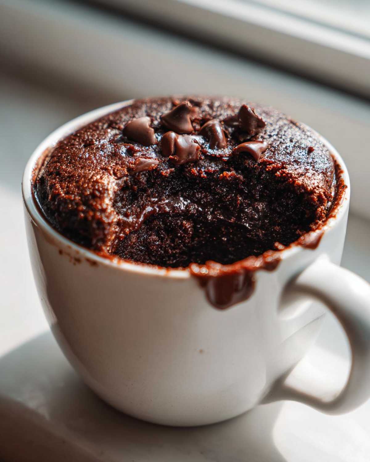 Close-up of a moist chocolate mug cake with melted chocolate chips on top, taken out of a white mug.