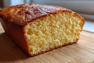 A close-up view of a freshly baked loaf of condensed milk bread showing its golden crust and soft, yellow crumb.