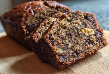 Close-up of sliced date nut bread showing moist texture, dates, and walnuts on a wooden board.