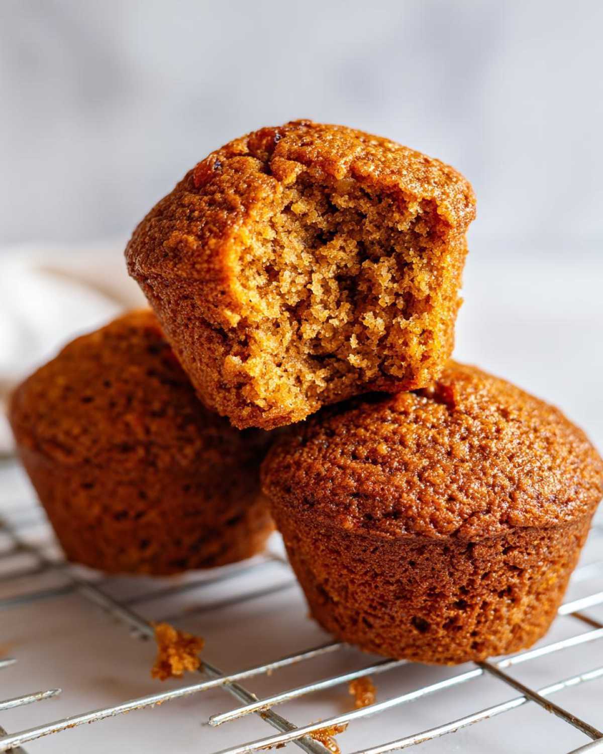 Close-up of three rich brown honey bran muffins stacked on a wire rack, one with a bite taken out showing the moist texture.