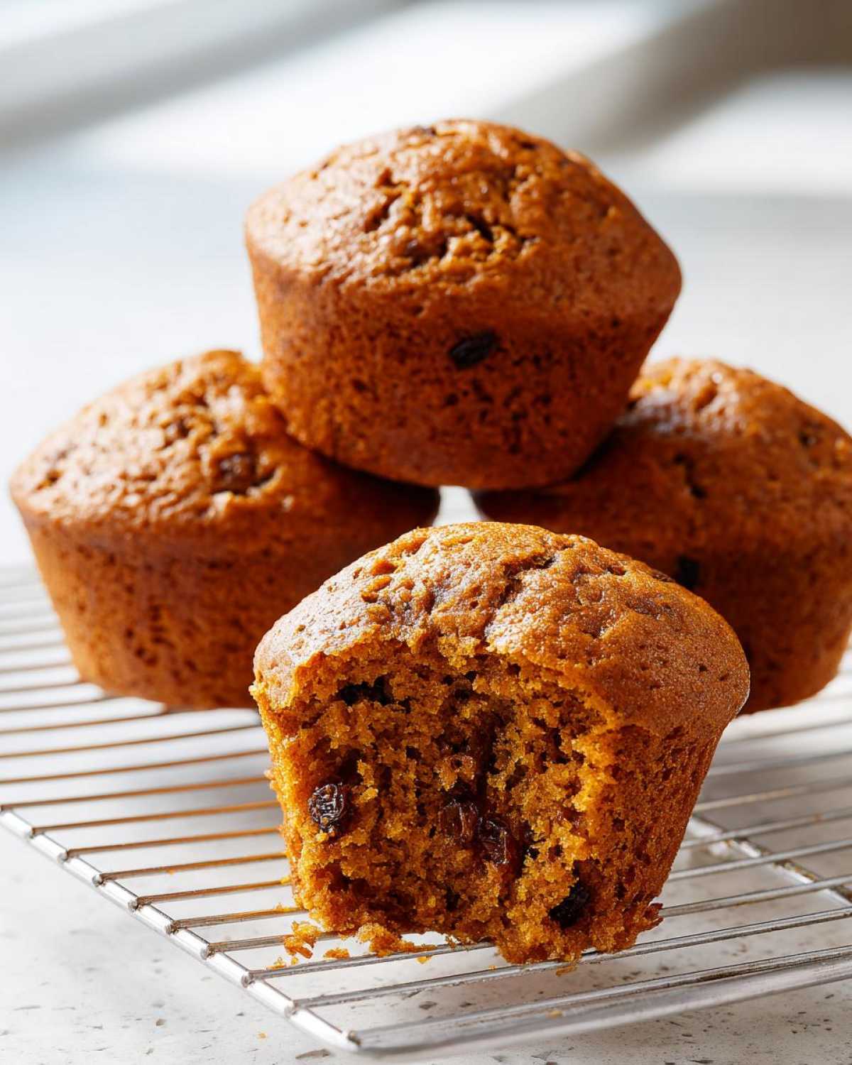 Close-up of delicious honey bran muffins, one broken open showing moist texture and raisins.