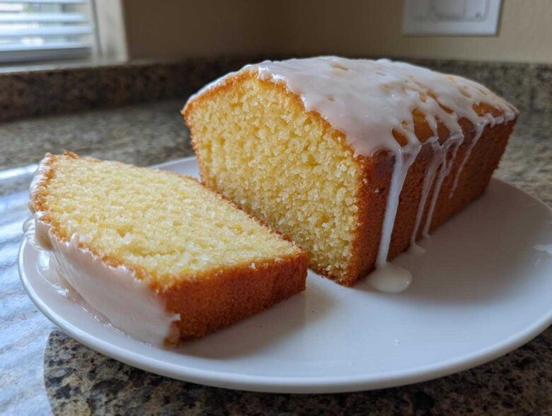 A loaf of moist lemon pound cake, partially sliced, topped with a thick, white lemon glaze dripping down the sides.