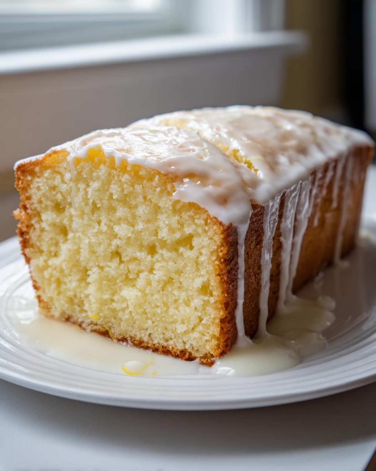 A close-up of a moist slice of lemon pound cake topped with a thick, dripping lemon glaze on a white plate.