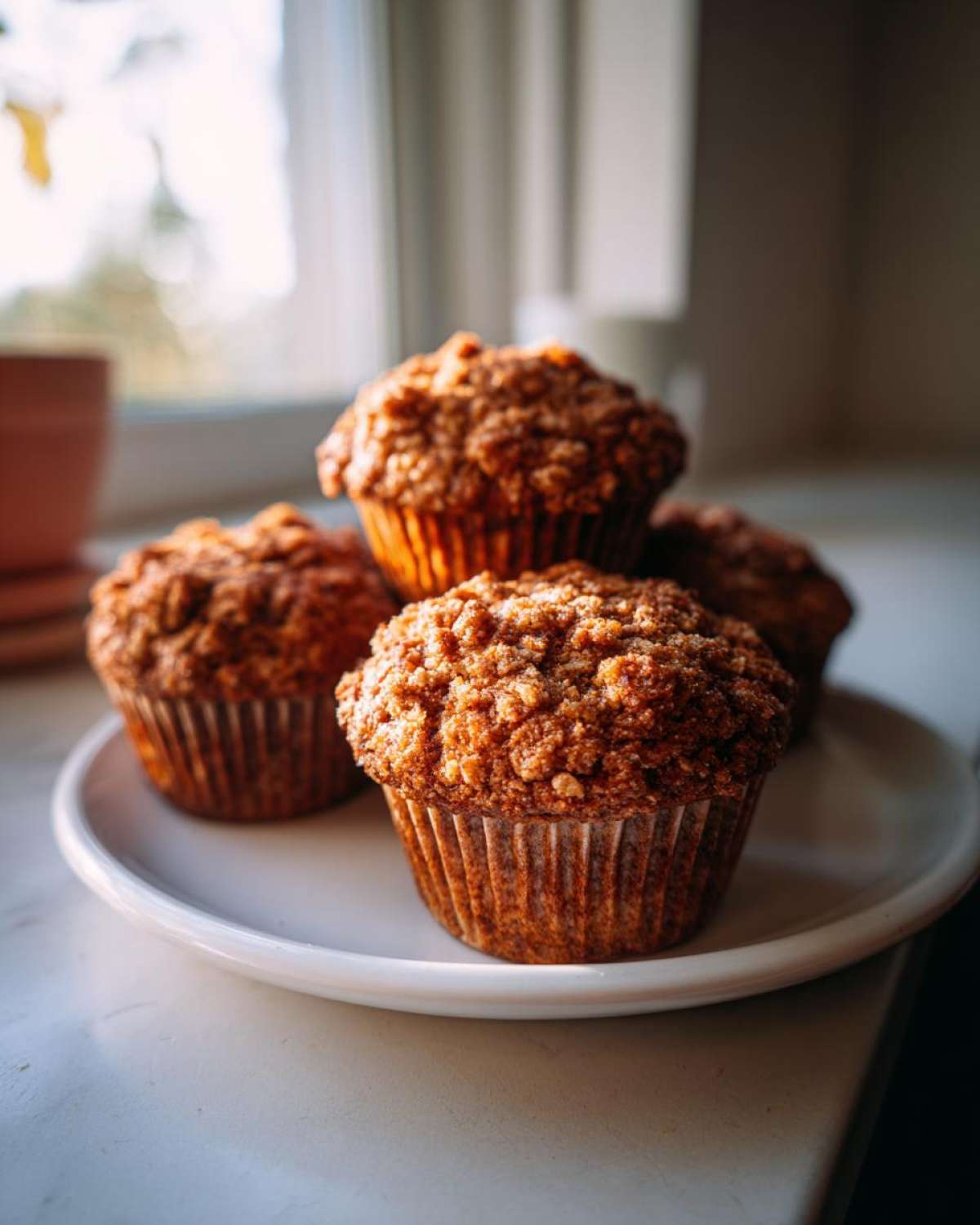 Four moist oatmeal muffins with a sugary crumb topping stacked on a white plate near a bright window.