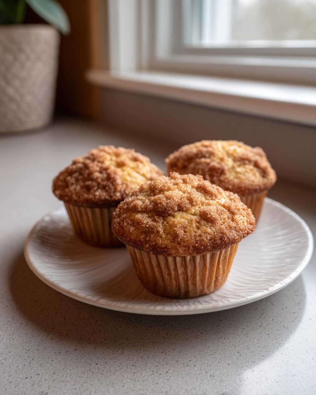 Three freshly baked oatmeal muffins with a generous cinnamon sugar crumb topping, resting on a white plate.