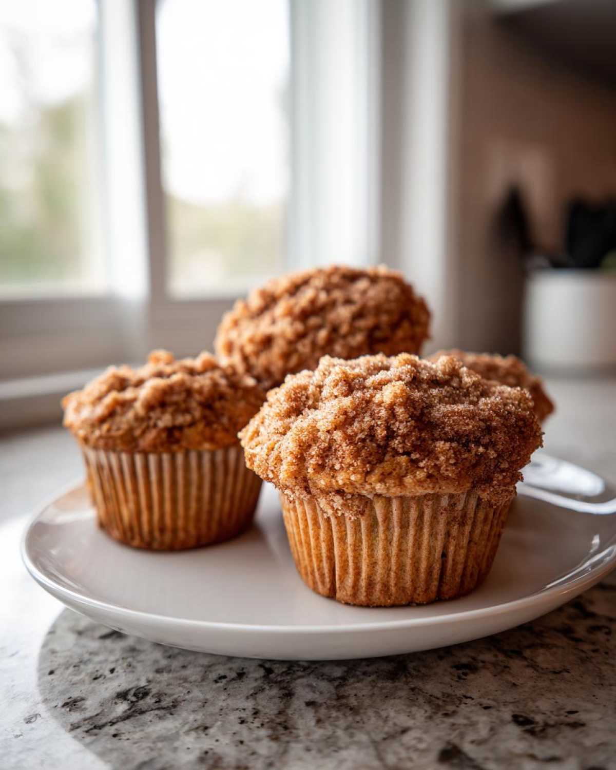 Four moist oatmeal muffins with a thick, sugary crumb topping displayed on a white plate.