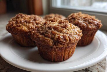 Four moist oatmeal muffins with a generous cinnamon streusel topping arranged on a white plate.