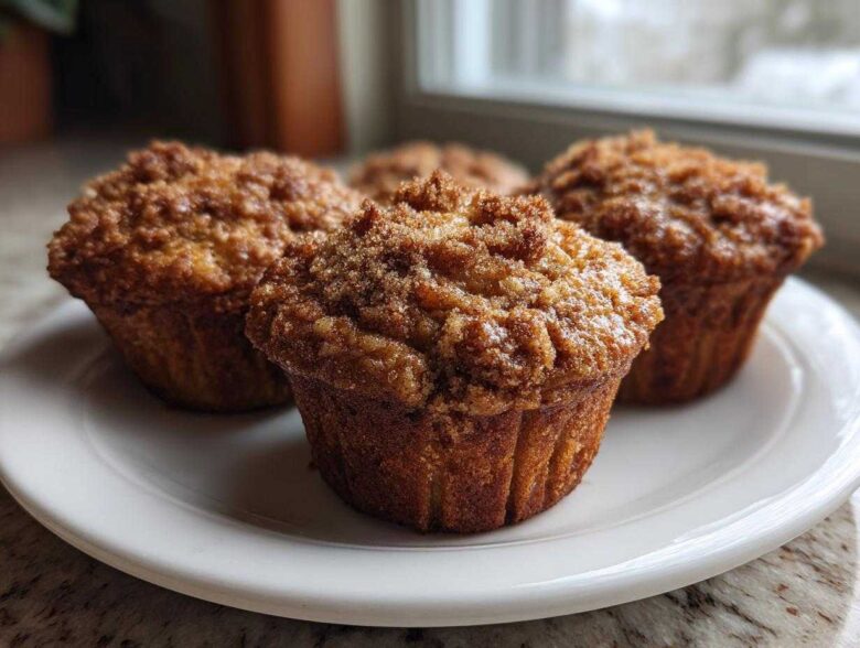 Four moist oatmeal muffins with a generous cinnamon streusel topping arranged on a white plate.