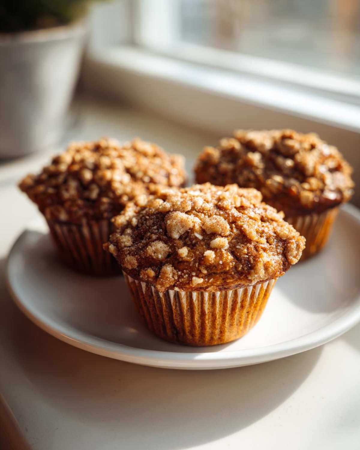 Three delicious oatmeal muffins with a generous cinnamon streusel topping sitting on a white plate near a window.