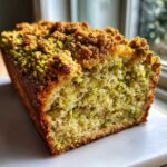 Cross-section view of a moist pistachio coffee cake featuring green pistachio pieces throughout and a rich crumb topping.