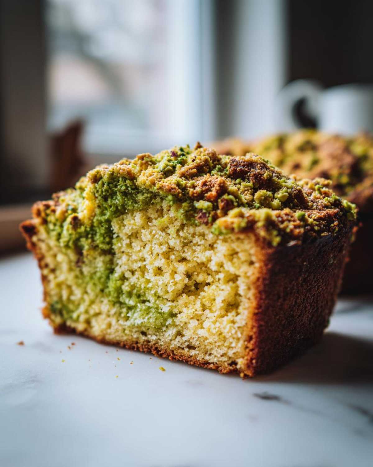 A close-up shot of a moist slice of pistachio coffee cake with a vibrant green and brown streusel topping.