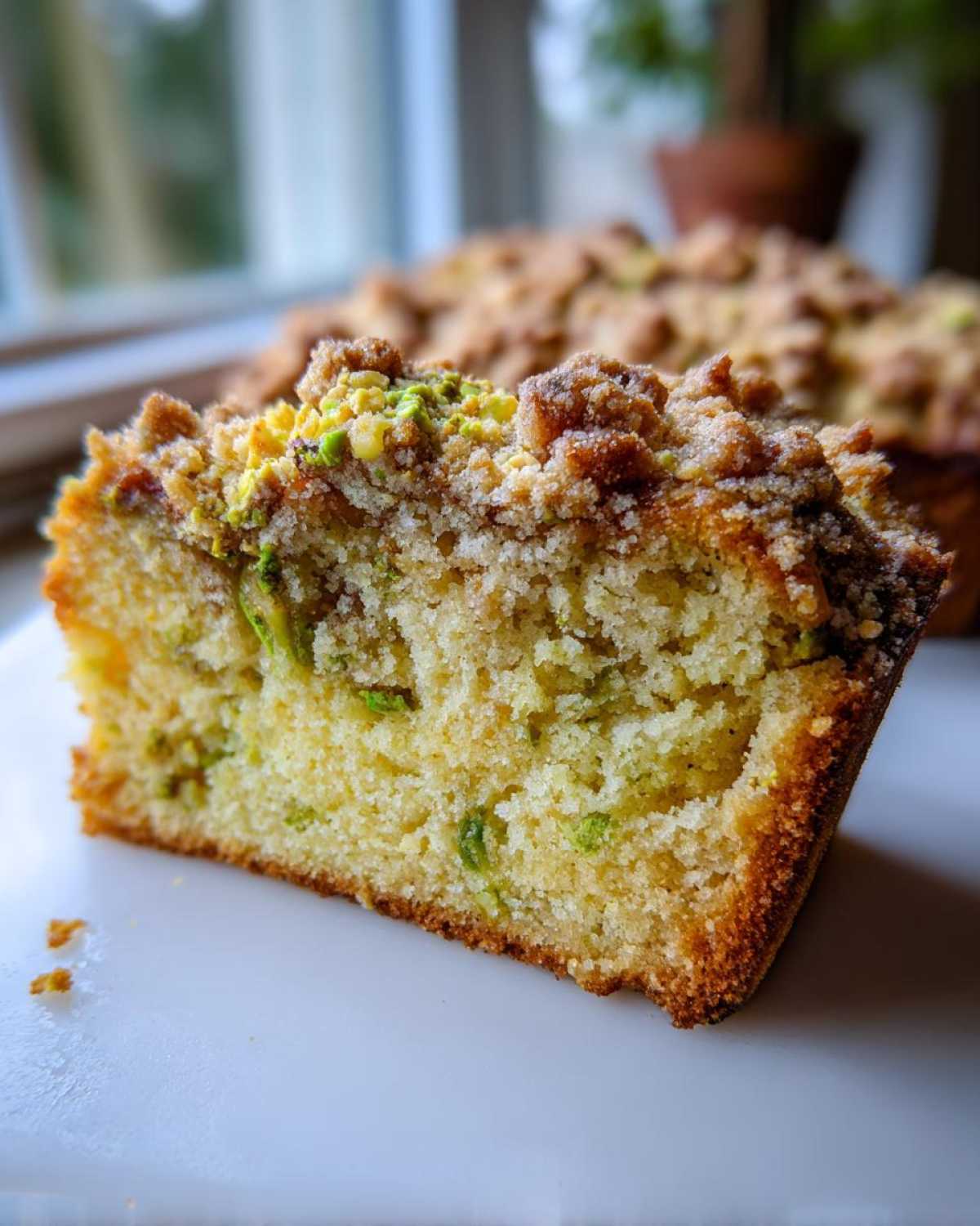 Close-up of a moist slice of pistachio coffee cake showing the tender crumb and crunchy streusel topping.