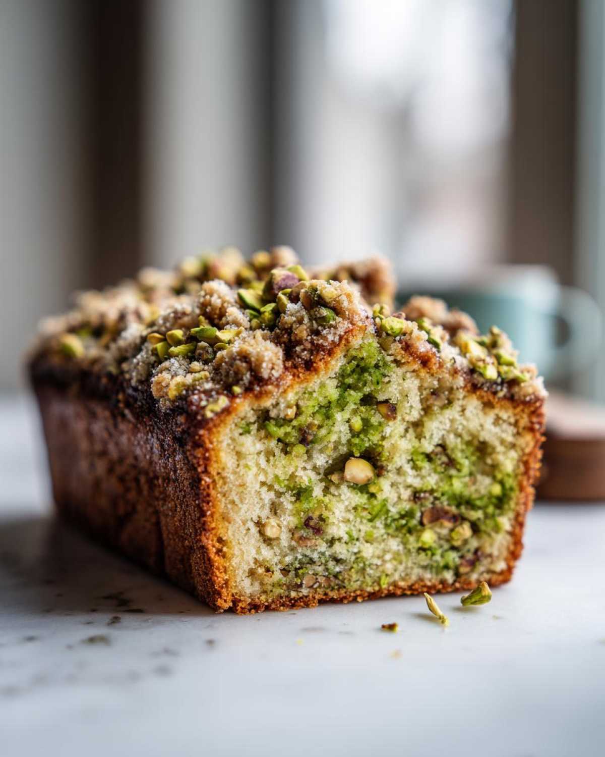 Cross-section of a moist pistachio coffee cake showing green pistachio swirl and crunchy crumb topping.