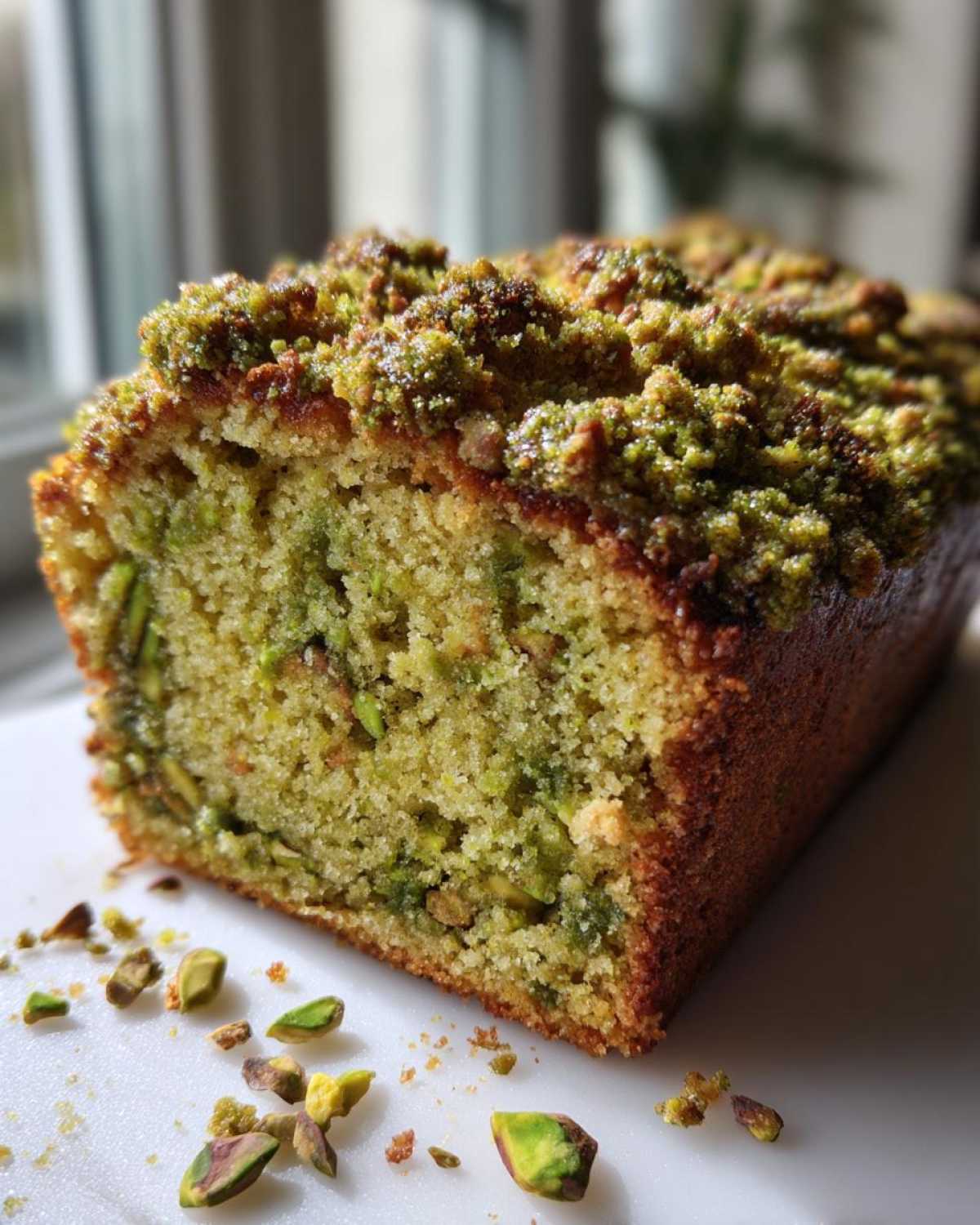 Close-up of a slice of moist pistachio coffee cake showing the green crumb interior and rich pistachio topping.