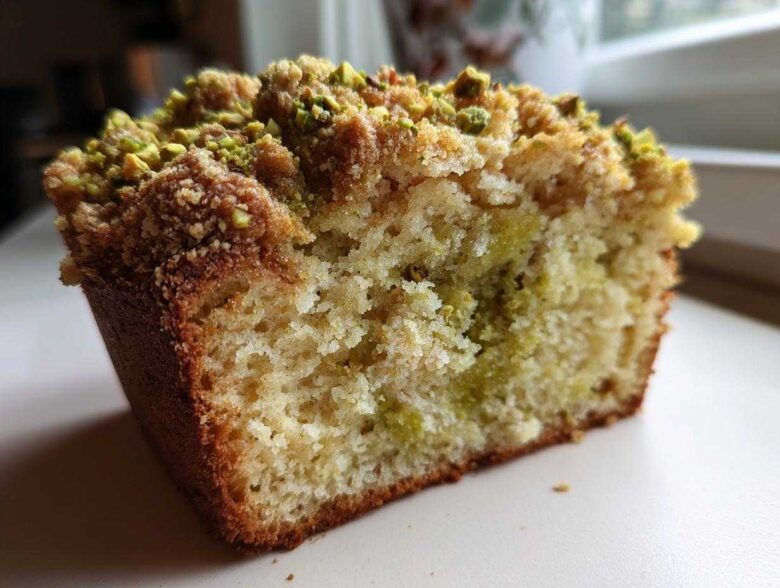 A close-up view of a slice of moist pistachio coffee cake showing the crumb texture and pistachio topping.