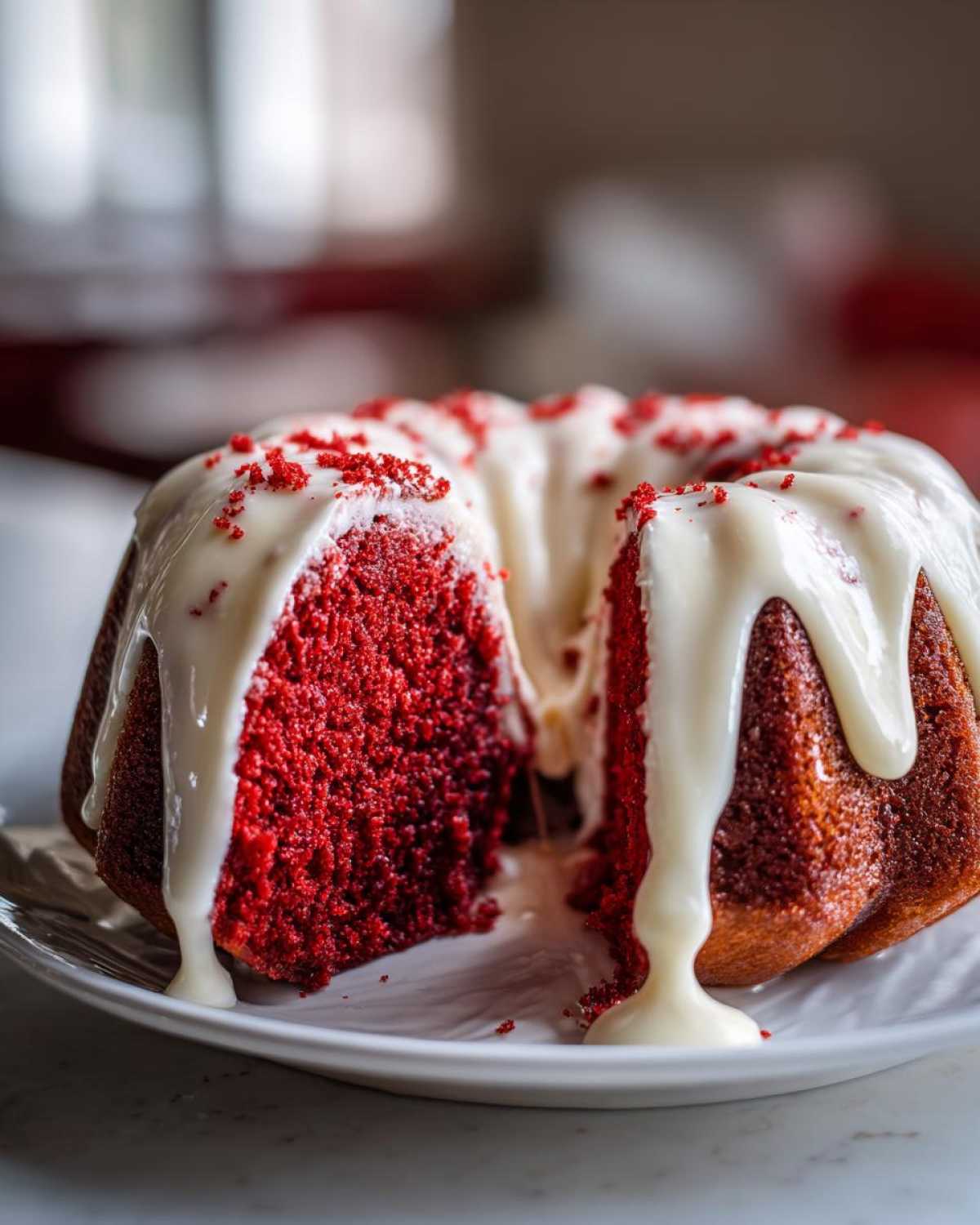 Close-up of a slice cut from a vibrant red velvet bundt cake drizzled heavily with white cream cheese glaze.