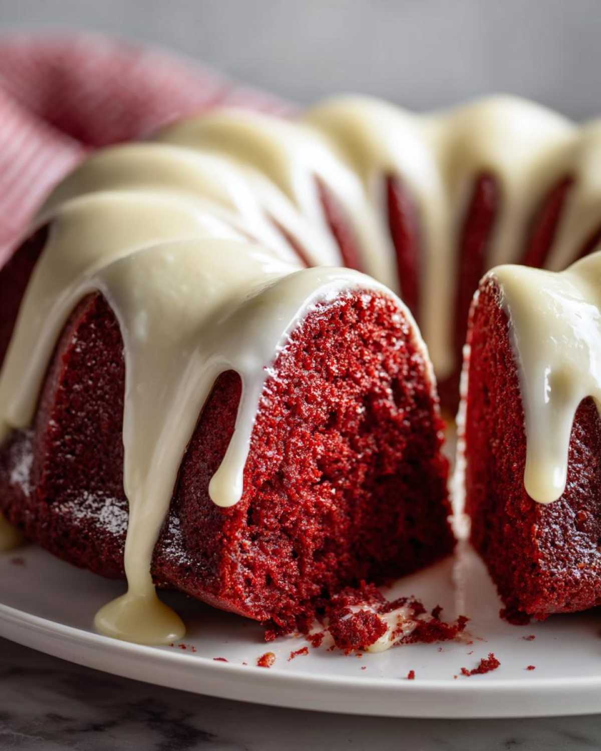 Close-up of a rich, moist red velvet bundt cake with a thick, white glaze dripping down the sides, a slice removed.