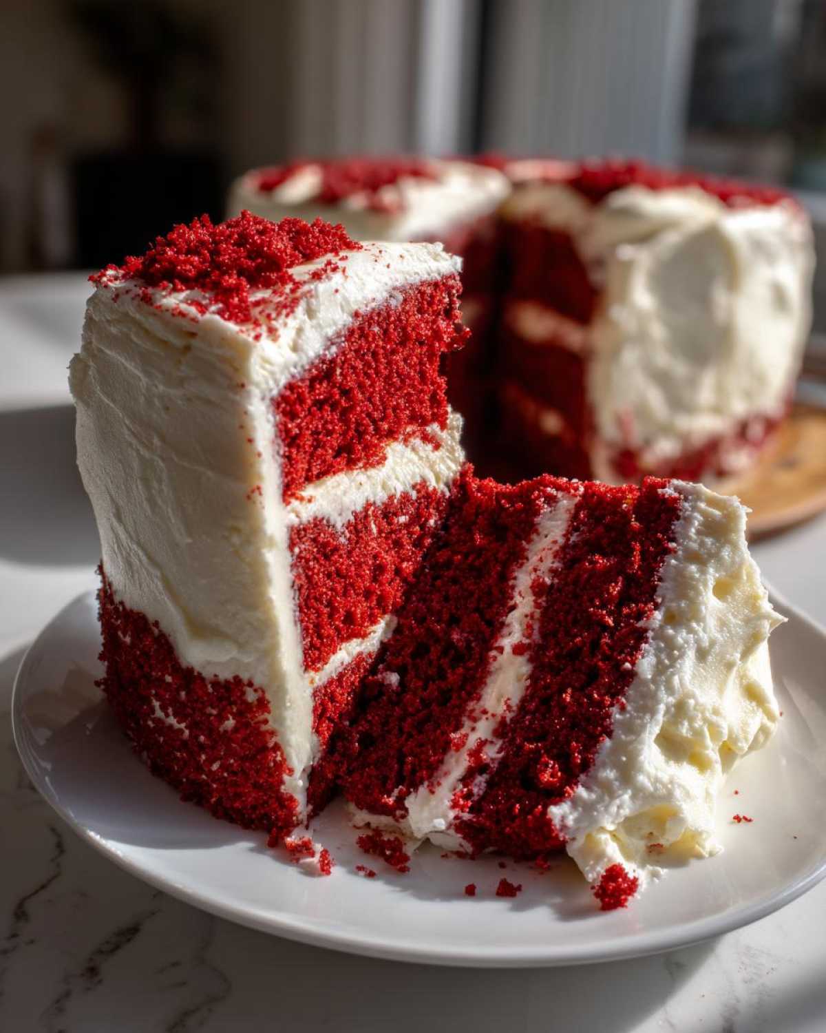 A tall slice of moist red velvet cake layered with white cream cheese frosting, topped with red crumbs.