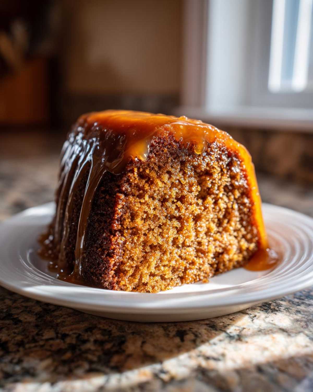 Close-up of a moist slice of rum cake recipe topped with dripping caramel sauce on a white plate.