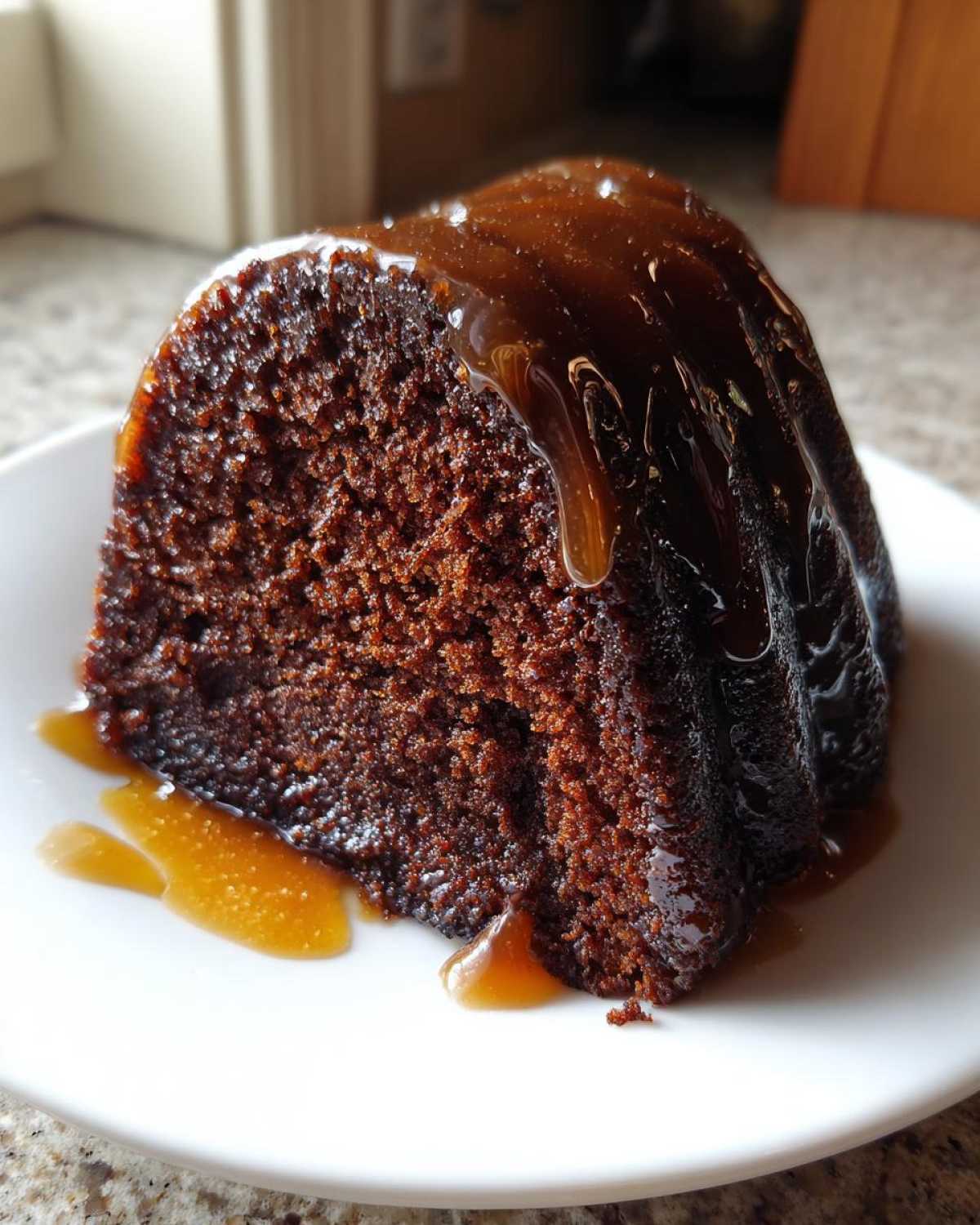 Close-up of a moist, dark brown slice of rum cake recipe topped with thick, dripping caramel sauce on a white plate.
