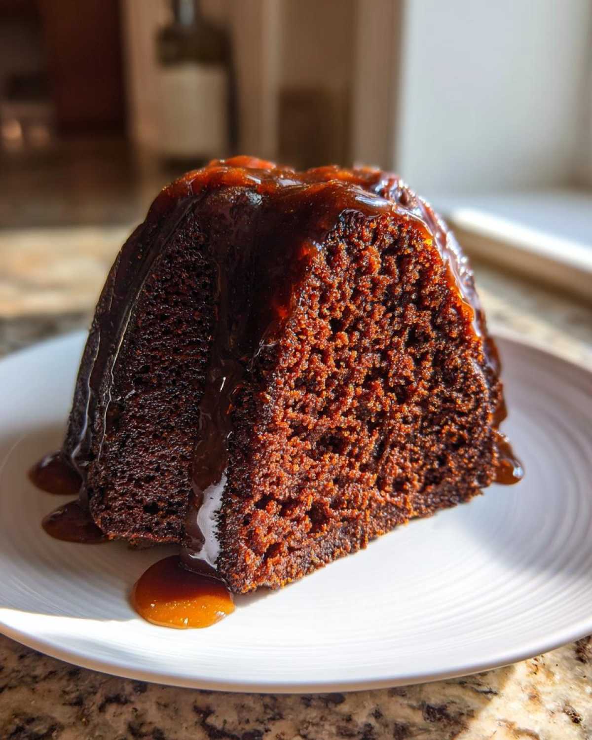 Close-up of a moist, dark slice of rum cake recipe covered in rich, dripping caramel glaze on a white plate.