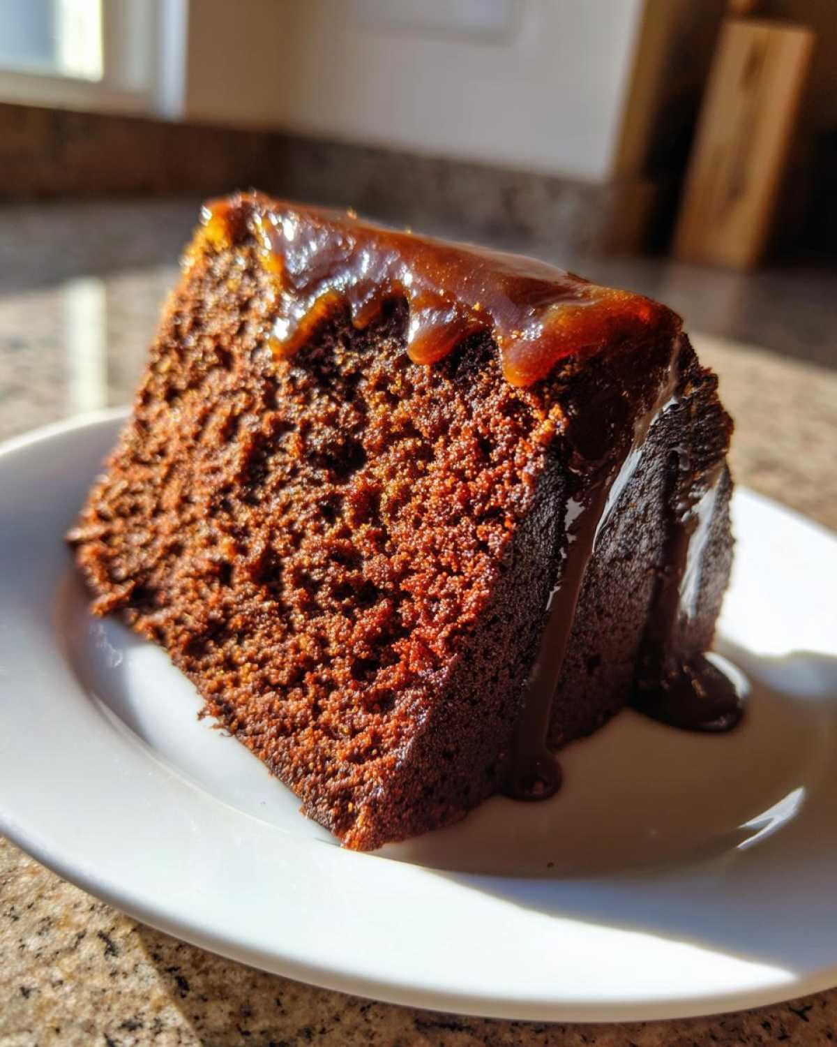 Close-up of a moist slice of dark rum cake recipe topped with a thick, dripping caramel glaze.