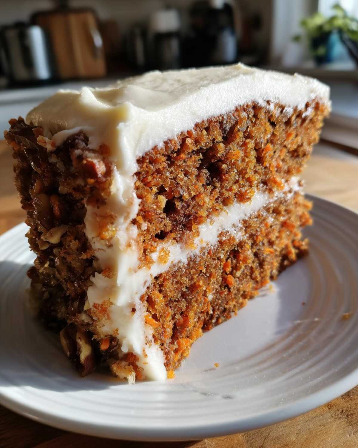 A thick slice of moist carrot cake recipe with visible shredded carrots and nuts, layered and topped with cream cheese frosting.