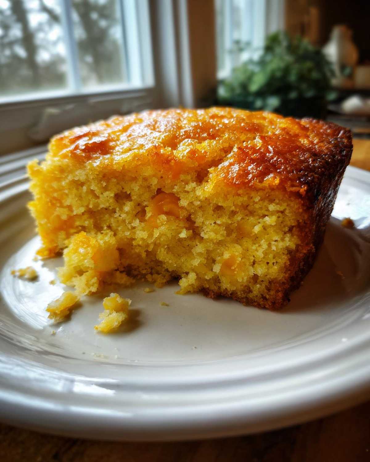 Close-up of a moist, golden slice of cornbread casserole with visible kernels on a white plate.