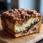 Close-up of a moist slice of sour cream coffee cake featuring a thick cinnamon streusel topping and swirl.