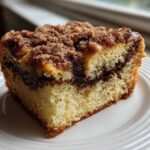 A close-up of a moist slice of sour cream coffee cake featuring a thick cinnamon swirl and crumbly streusel topping.