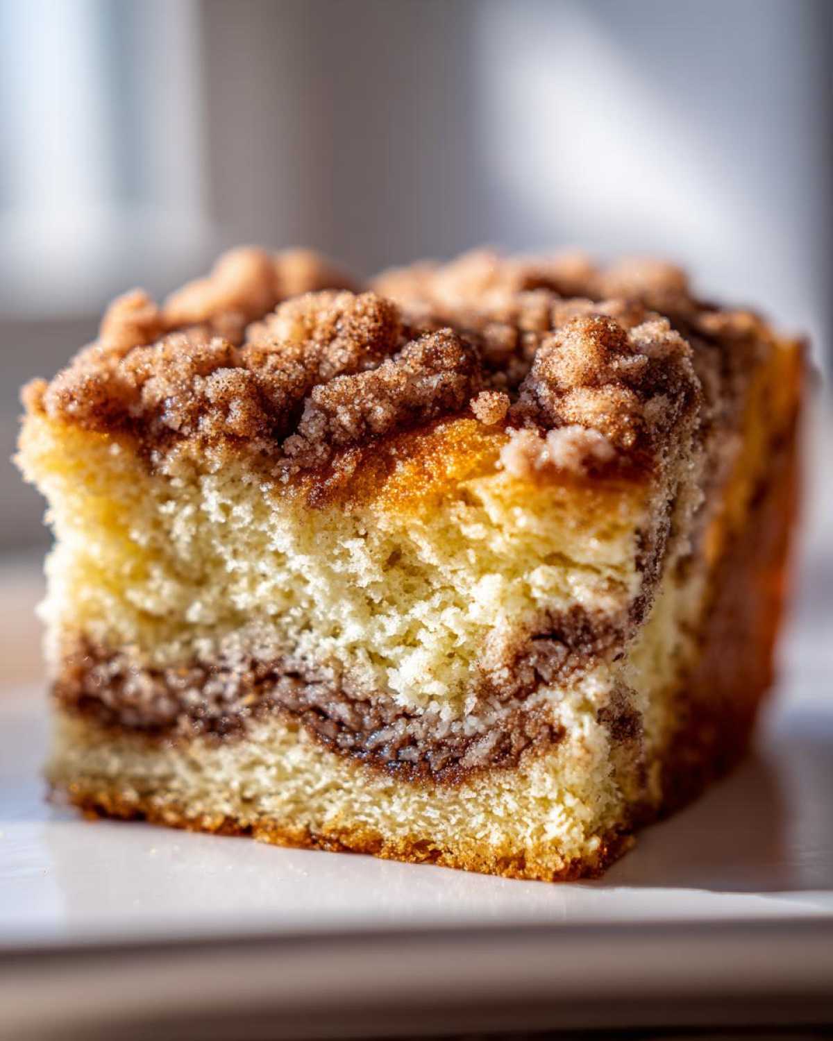 Close-up of a moist slice of sour cream coffee cake showing a thick cinnamon swirl layer and crumbly streusel topping.