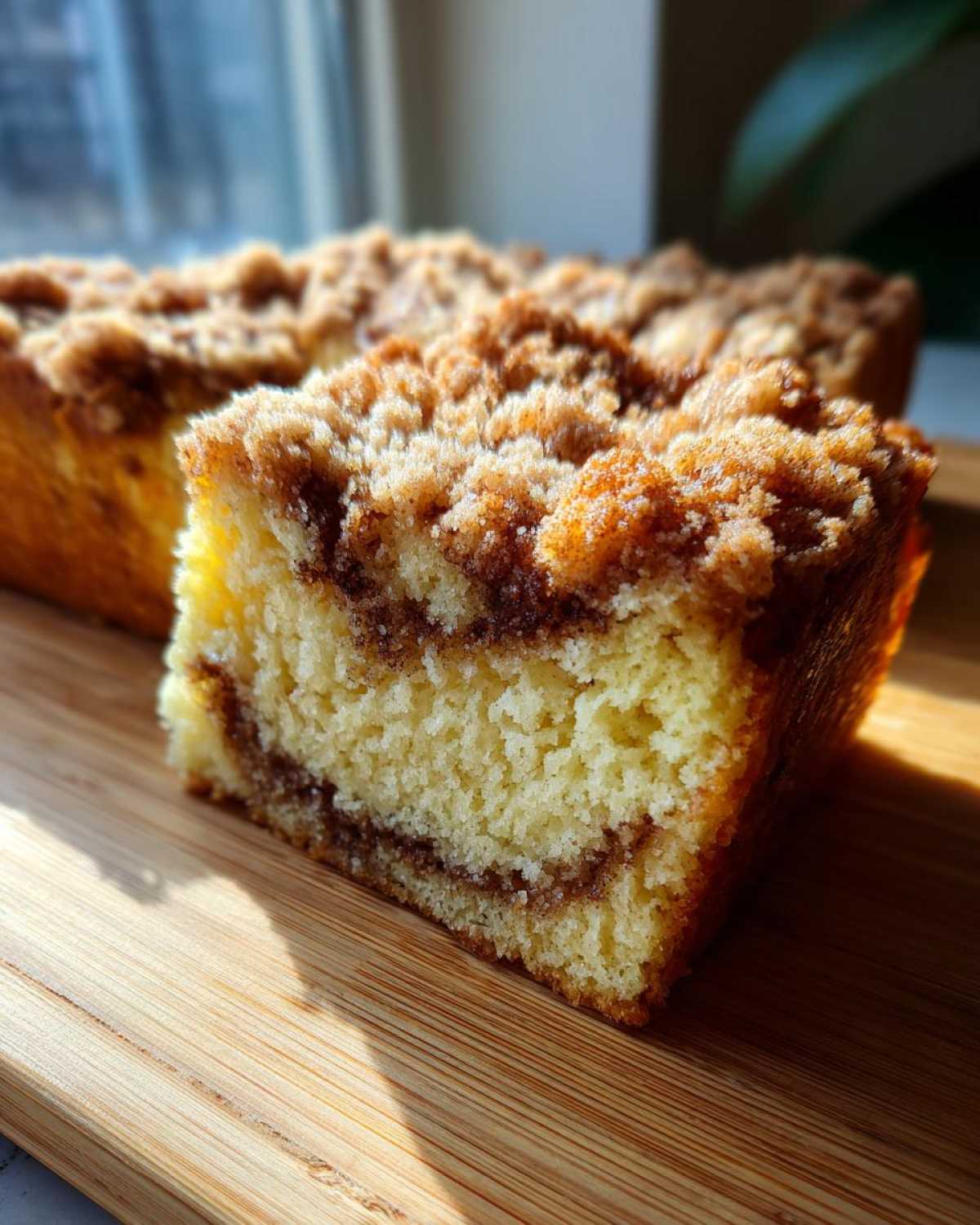 Close-up of a moist slice of sour cream coffee cake showing the light yellow cake, cinnamon swirl, and thick brown streusel topping.