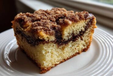 A close-up of a moist slice of sour cream coffee cake featuring a thick cinnamon swirl and crumbly streusel topping.