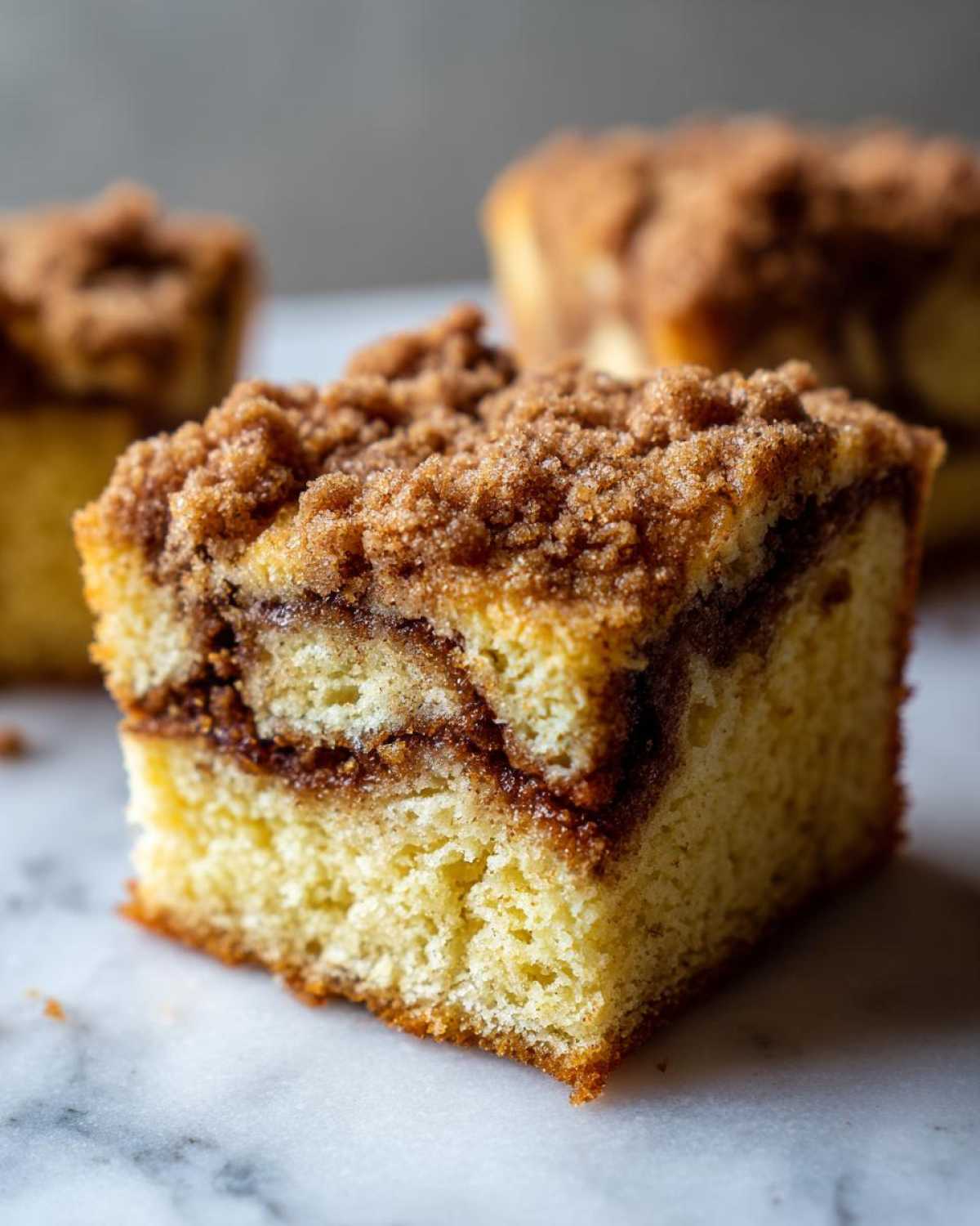 Close-up of a moist slice of sour cream coffee cake featuring a thick cinnamon streusel topping and swirl.