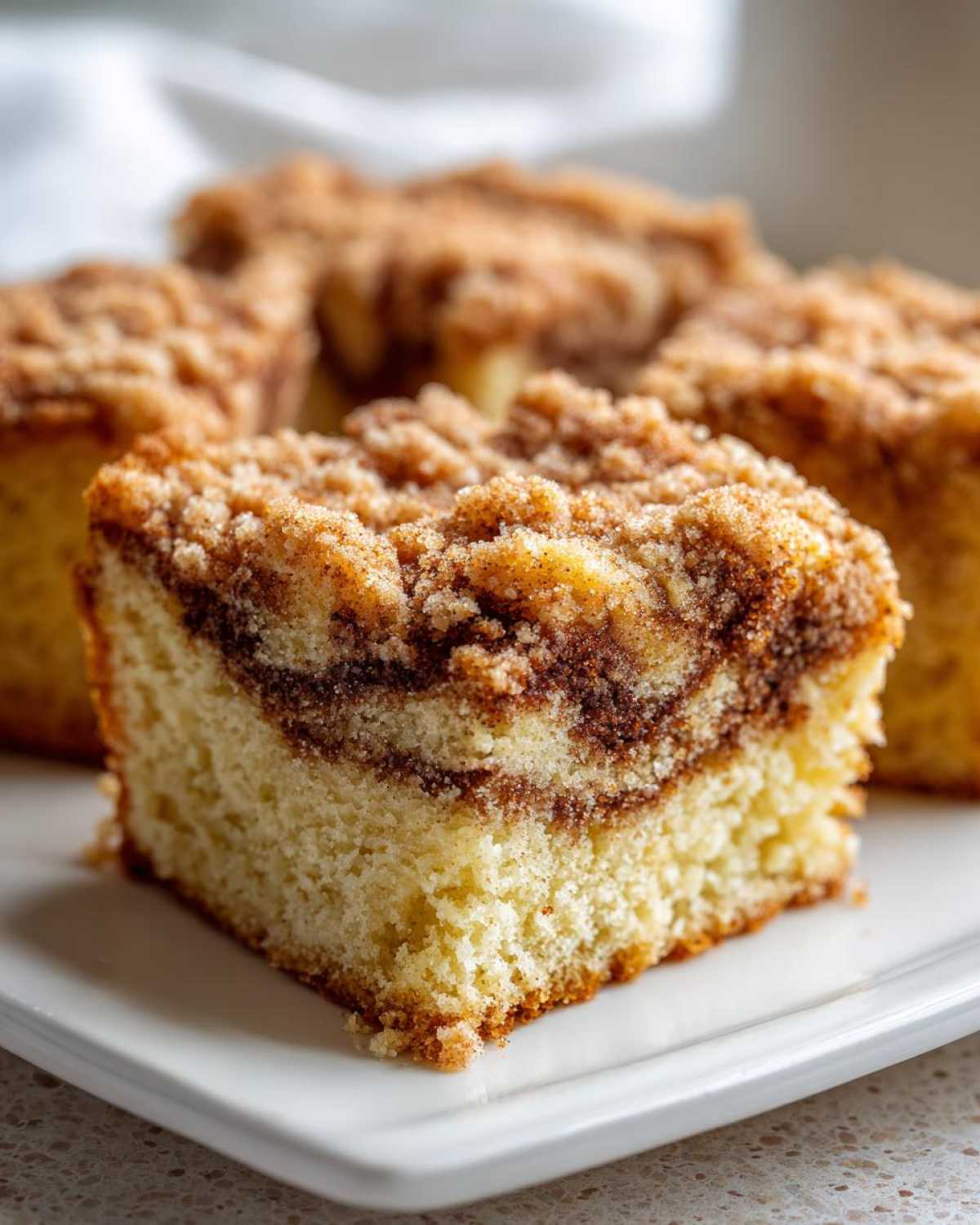 Close-up of a moist slice of sour cream coffee cake showing a cinnamon swirl and thick crumb topping.