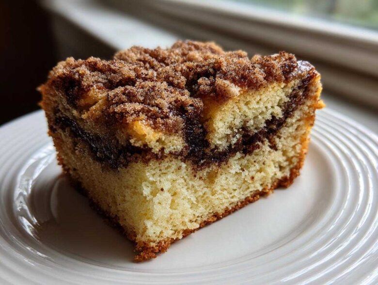A close-up of a moist slice of sour cream coffee cake featuring a thick cinnamon swirl and crumbly streusel topping.