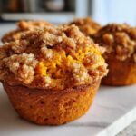 Close-up of a moist sweet potato muffins featuring a thick, sugary cinnamon crumb topping.