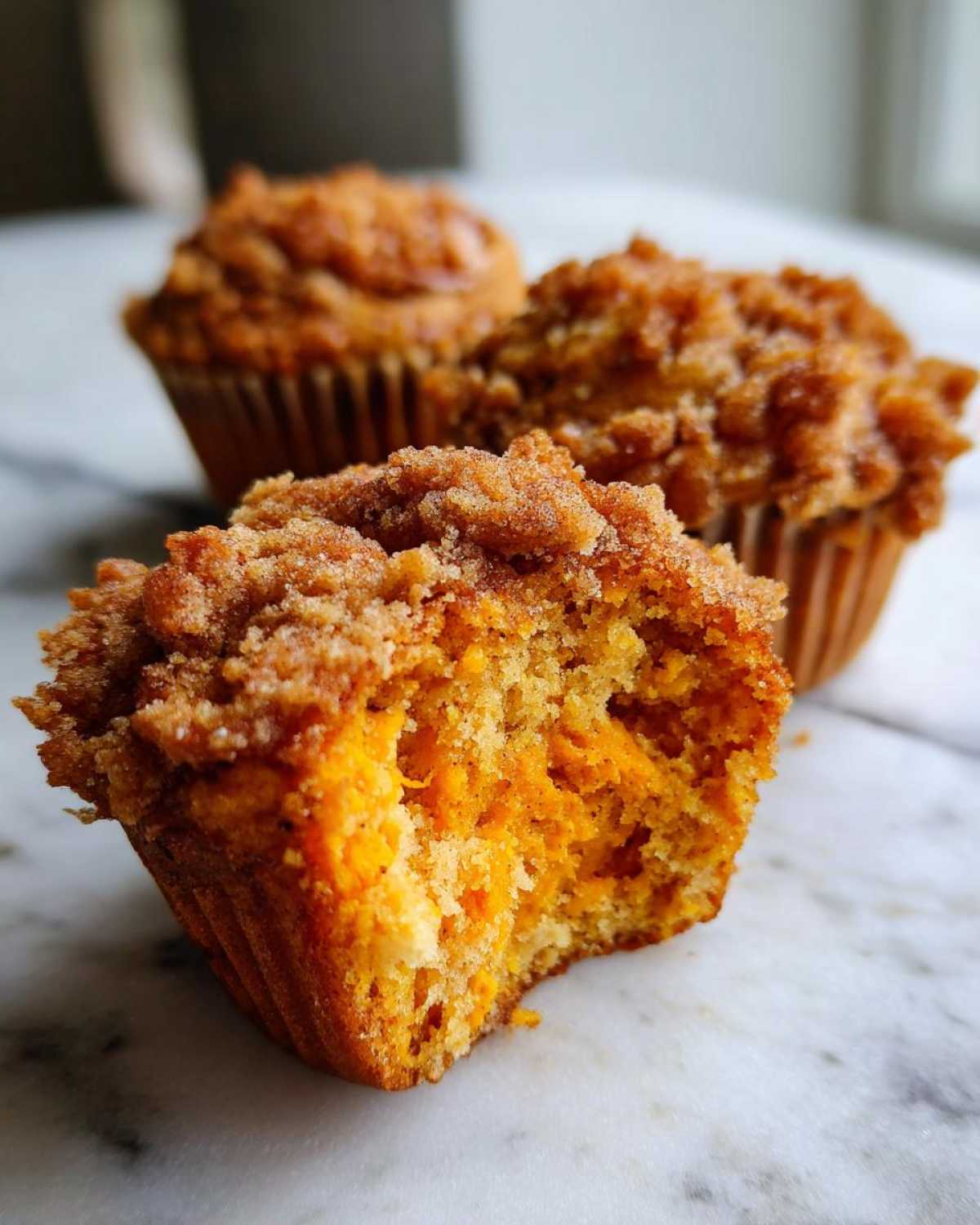Close-up of a sweet potato muffin broken open showing the moist orange interior and cinnamon streusel topping.