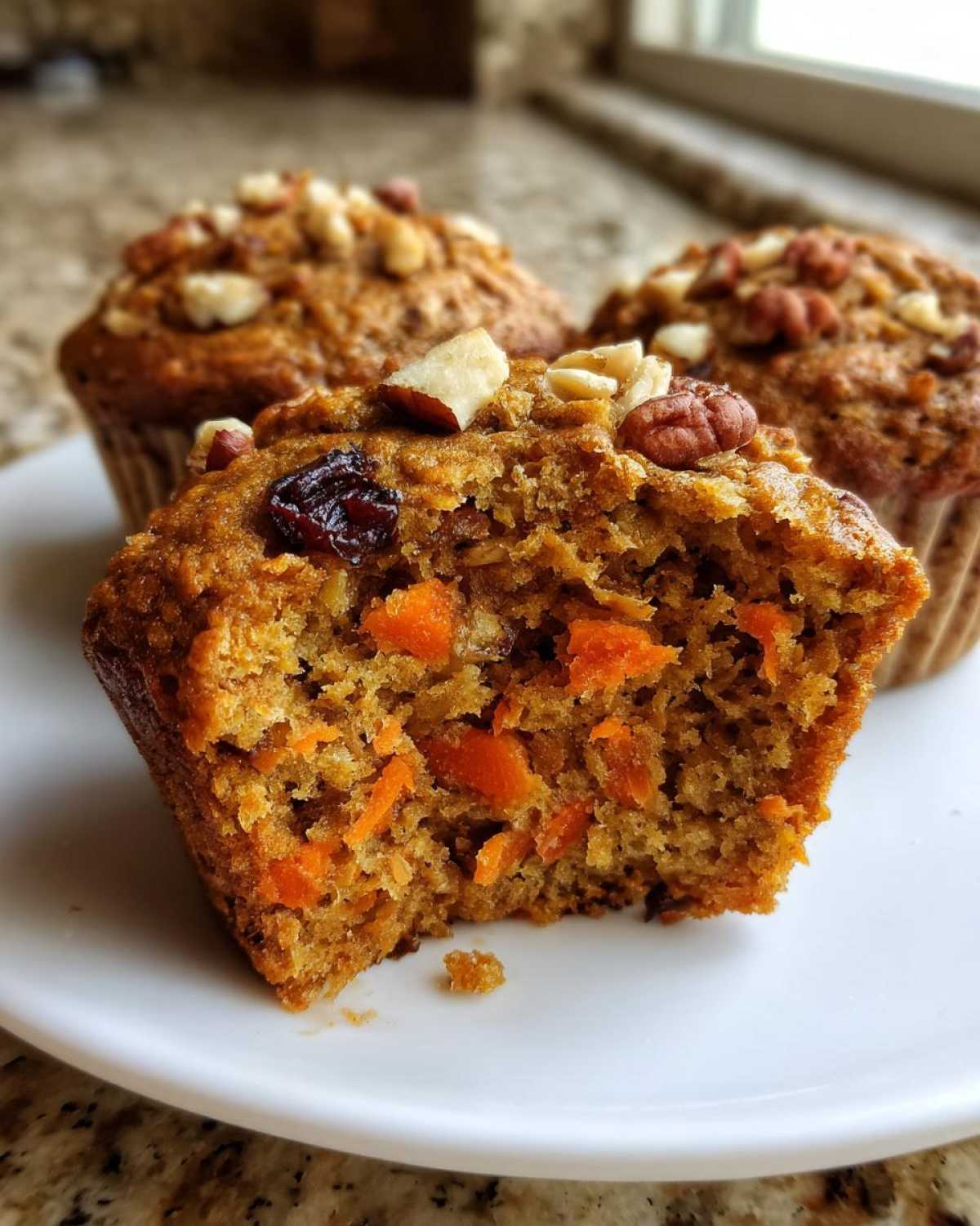 Close-up of a morning glory muffin cut in half showing carrots, nuts, and raisins inside.