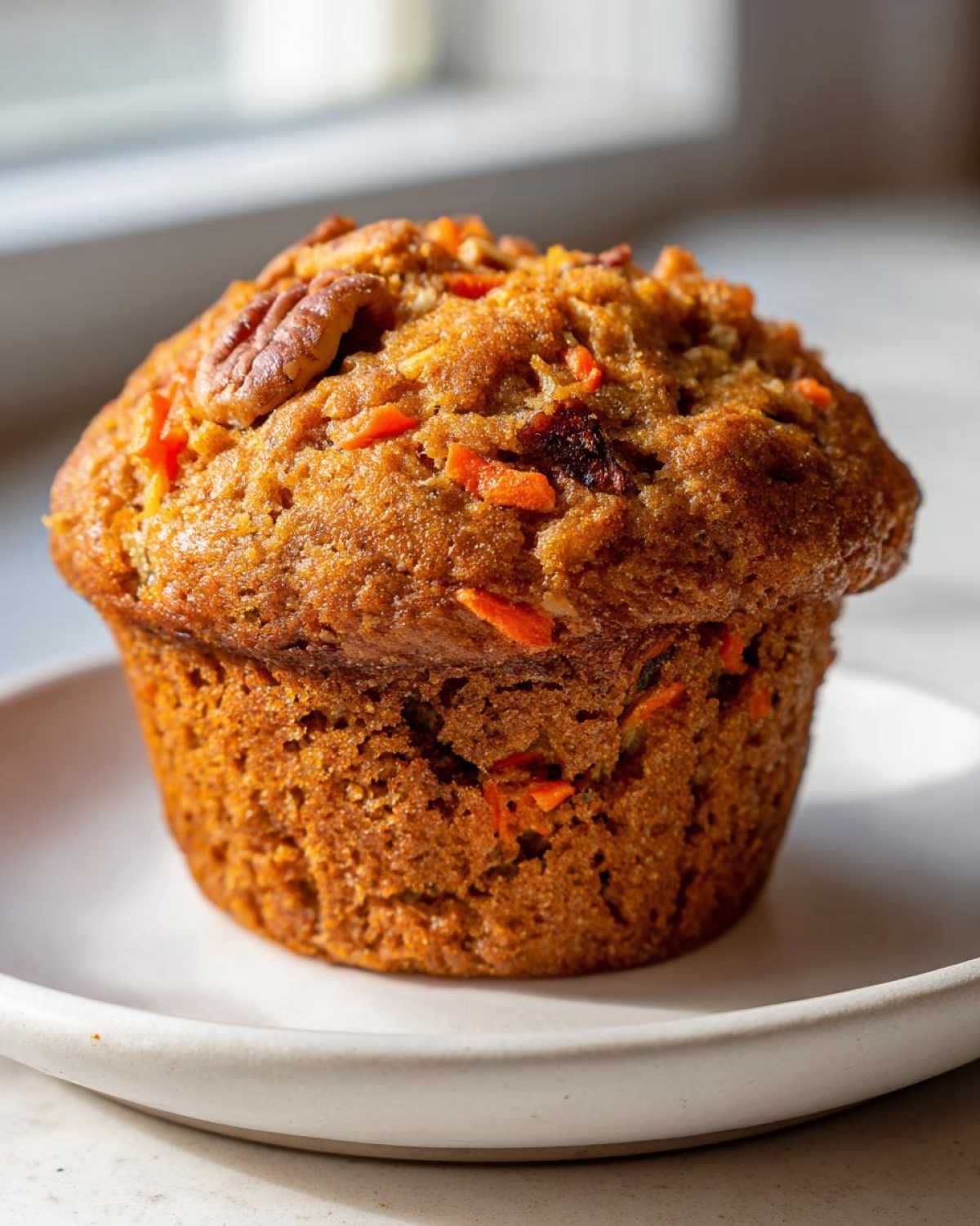 A close-up of a moist morning glory muffins topped with a pecan and visible shredded carrots.
