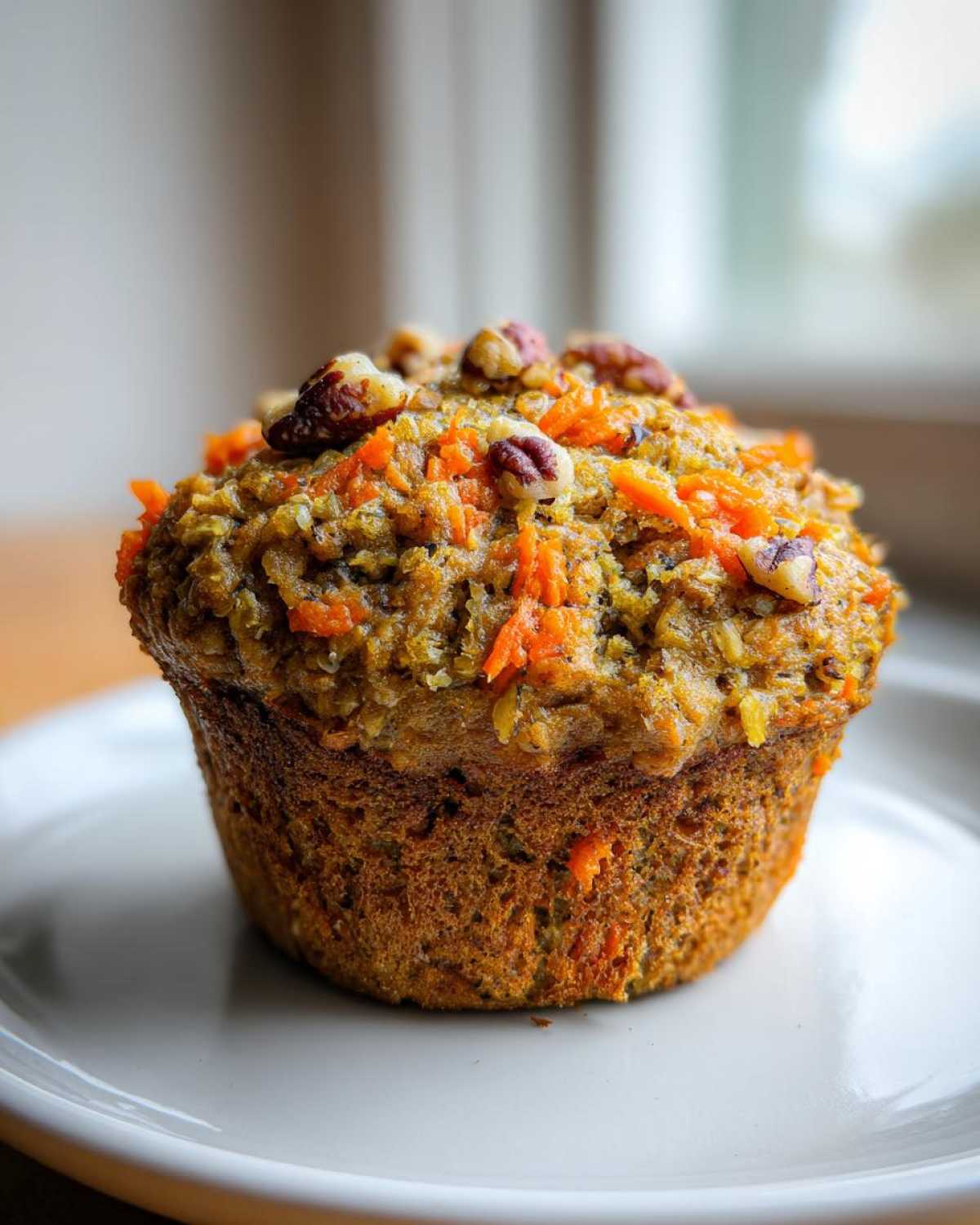 Close-up of a moist morning glory muffin topped with shredded carrots and pecans on a white plate.