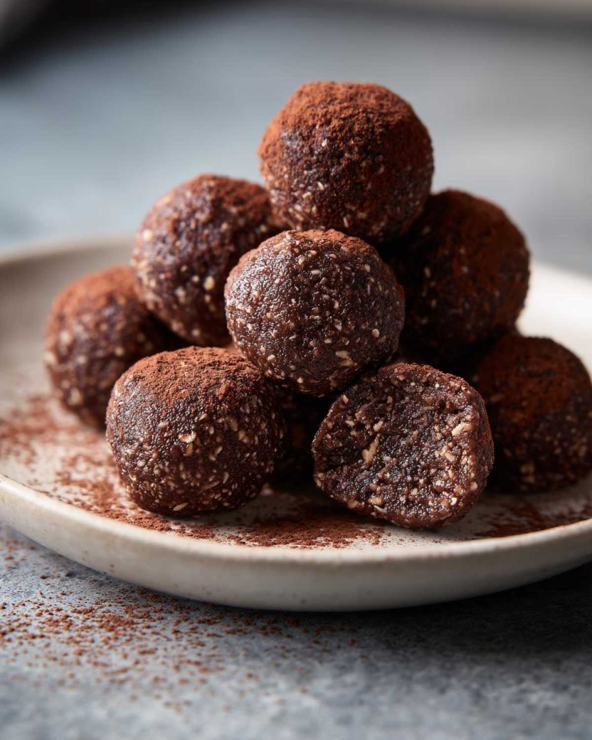 A close-up stack of dark chocolate protein balls dusted heavily with cocoa powder on a light plate.