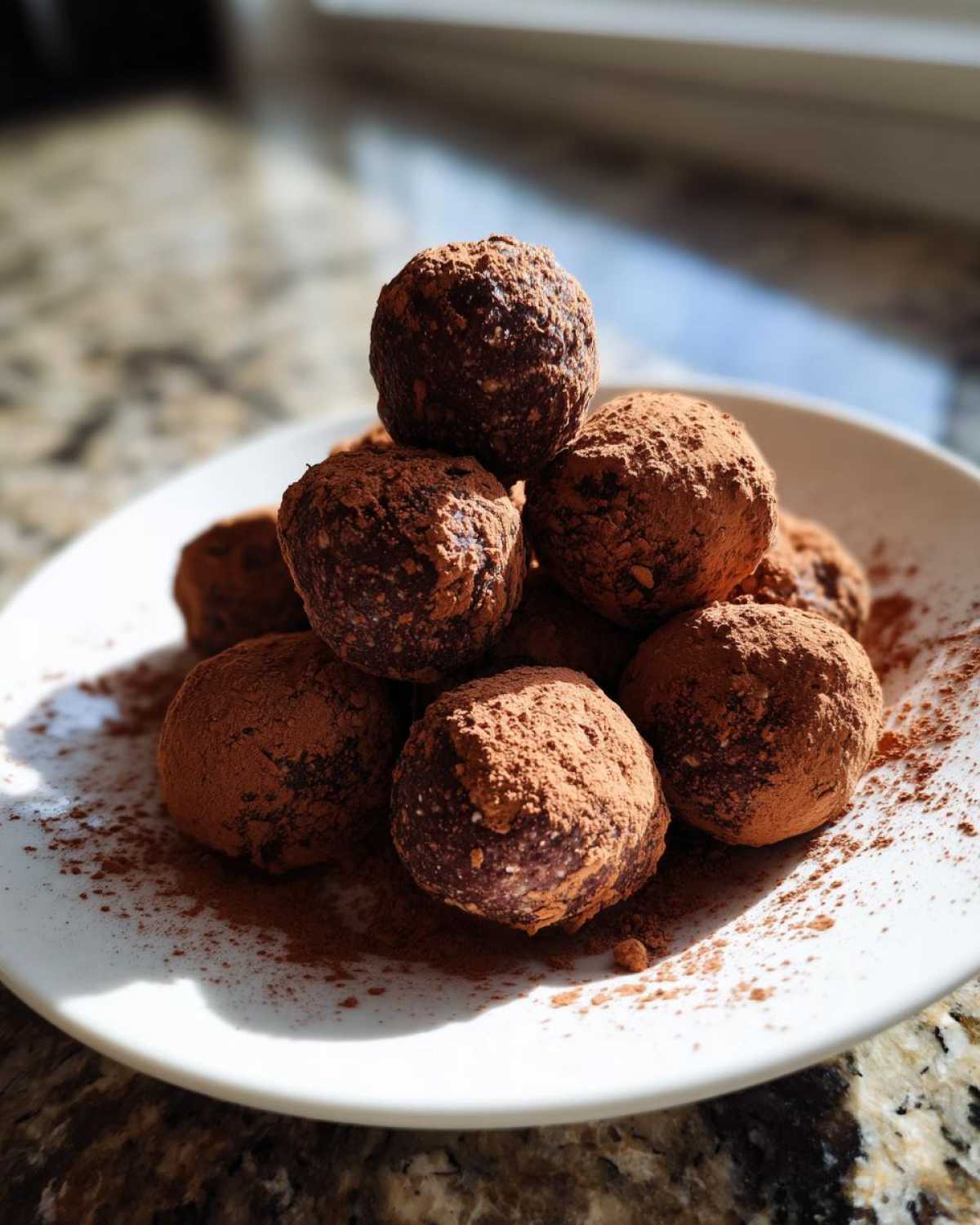 A stack of rich, dark chocolate protein balls generously dusted with cocoa powder, served on a white plate.