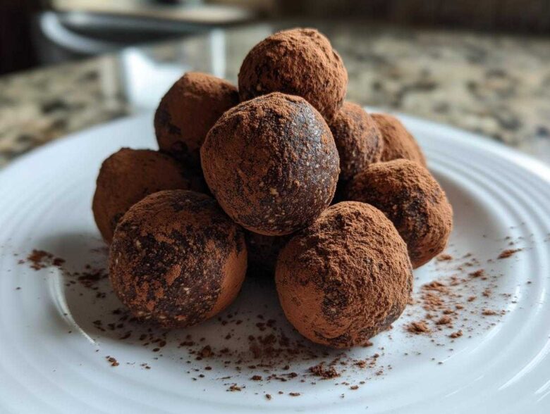 A stack of homemade, dark chocolate protein balls heavily dusted with cocoa powder, served on a white plate.