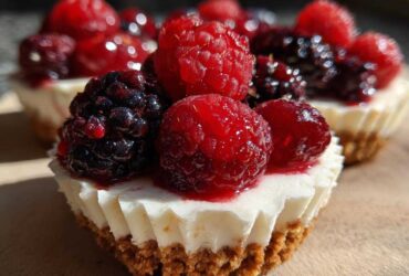 Close-up of a single no-bake mini cheesecake cup topped generously with fresh raspberries and blackberries.