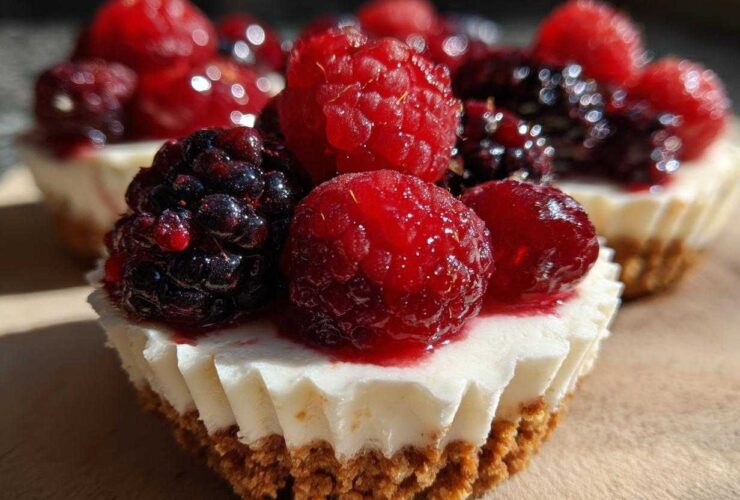 Close-up of a single no-bake mini cheesecake cup topped generously with fresh raspberries and blackberries.