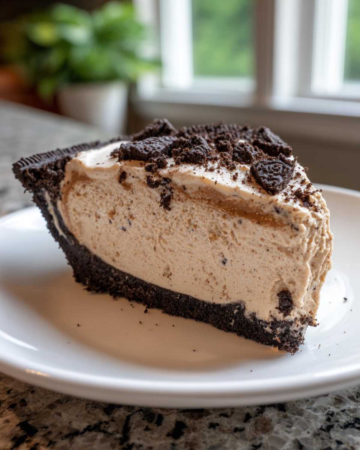 A thick slice of no-bake peanut butter pie with a dark cookie crust and topped with cookie crumbles.
