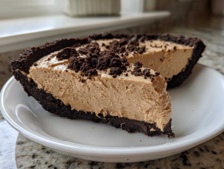 A thick slice of creamy no-bake peanut butter pie with a dark chocolate crust and crumb topping on a white plate.